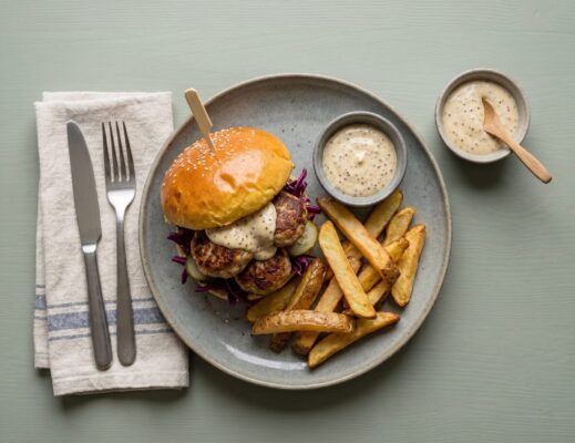 Gammeldags frikadelleburger m. rødkål, syltede agurker, grove fritter og sennepsmayo