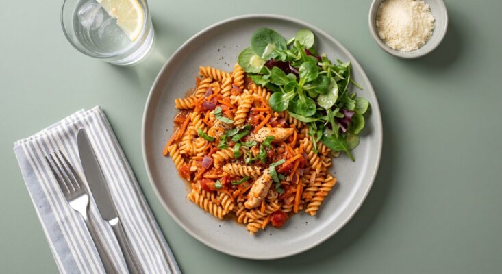 Onepot pasta m. kylling, grøntsager og salat
