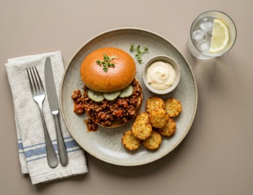 Sloppy Joe Burger m. syltede agurker og rösti