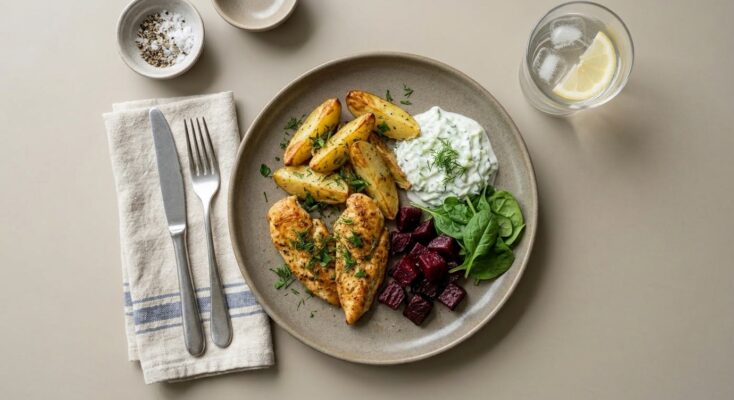 Stegt kylling m. kartoffelbåde, tzatziki, bagte rødbeder og spinat