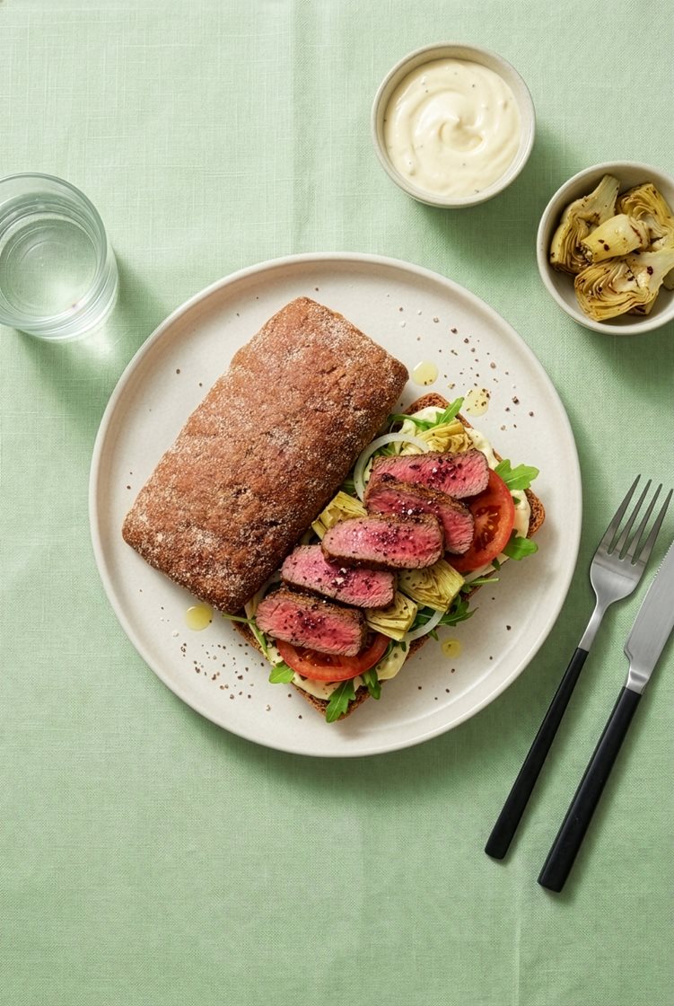 Steak sandwich med artiskok, aioli og tomat