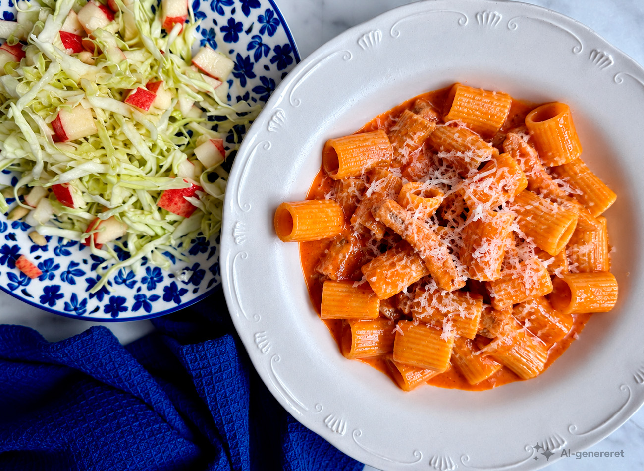 Pasta med gris i cremet tomatsauce med kålsalat