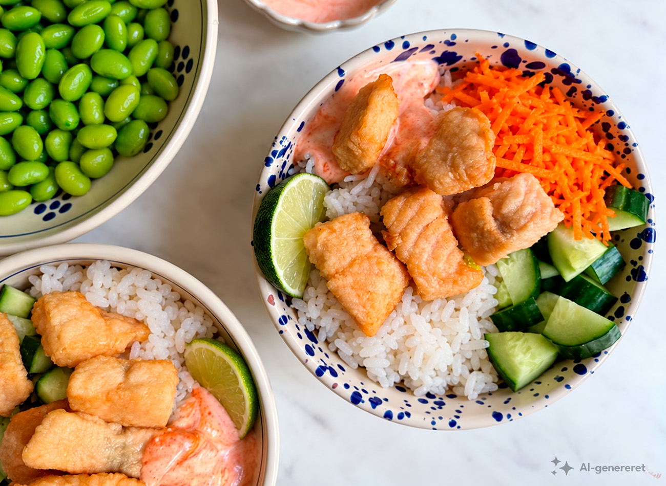 Pokebowl med laks, agurk, gulerødder og mild chilidressing